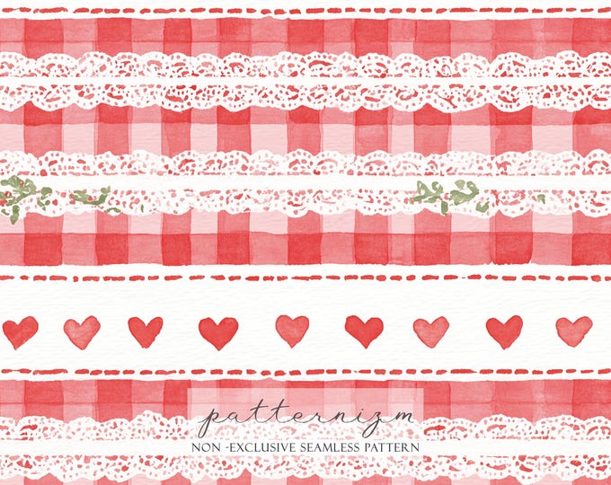 Red Gingham Lace Seamless Pattern Digital Paper – Watercolor Heart Stripes Repeat Design