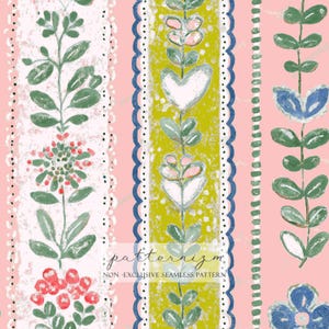 May include: A seamless pattern with vertical stripes in pink, white, and green. The design features floral and leaf motifs in shades of green, blue, and red. The text "patternizm" is visible.