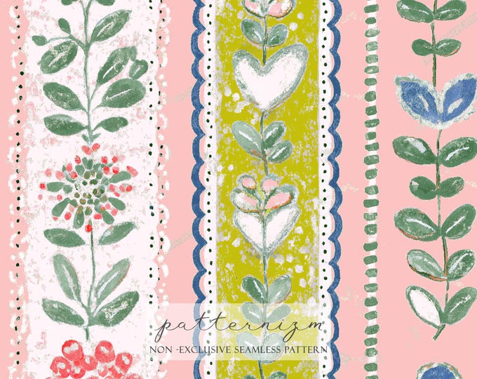 Seamless Folk Botanical Stripe Pattern Digital Download – Painted Floral Stems, Hearts, Vintage Scandinavian Style Repeat, Fabric Paper