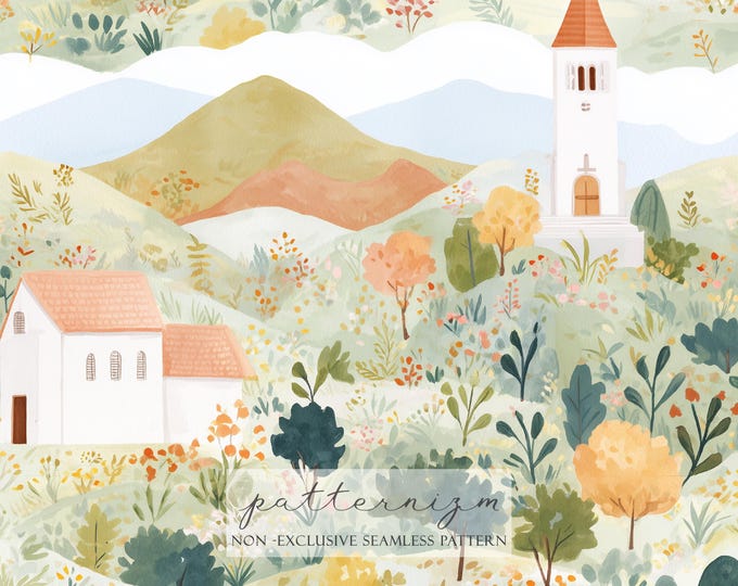 Watercolor Countryside Seamless Pattern – Cozy Hills, Trees and Village Church, Storybook Digital Paper