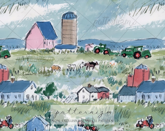 Seamless Farm Landscape Pattern Digital Download – Watercolor Countryside Tractor Print, Rustic Meadow Design, Cottage Farm Fabric