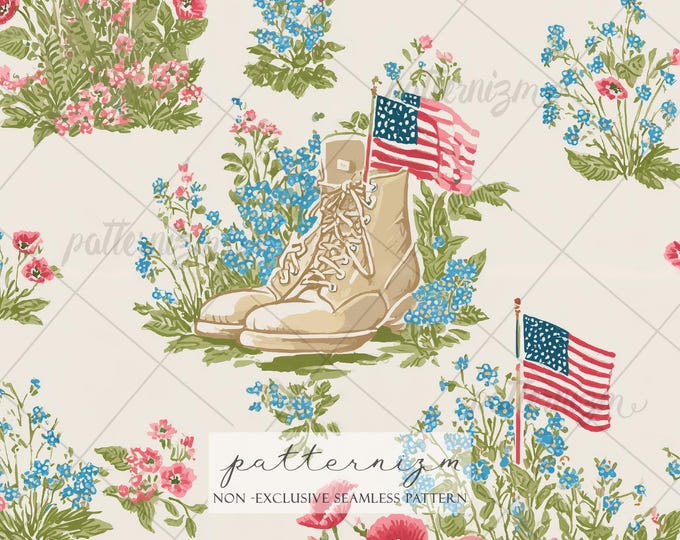 4th of July Military Boots Seamless Pattern Digital Download – Patriotic Floral Flag Design, Vintage Americana Garden Print Fabric