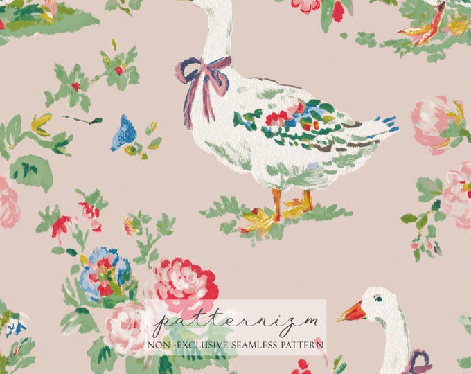 Cute Goose Seamless Pattern, Purple Ribbon Bow Goose Repeat, Soft Vintage Cottagecore Animal Print