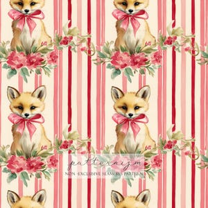 May include: Seamless pattern featuring watercolor illustrations of foxes with pink bows and floral arrangements. The background has vertical stripes in cream and red. The text "patternizm" is at the bottom.