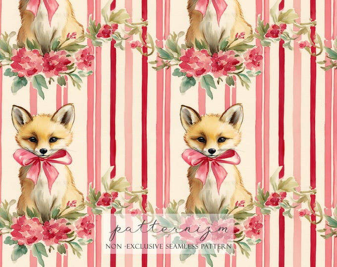 Fox with Bow Seamless Pattern – Repeat Cute Fox and Stripes Floral Design for Nursery, Fabric and Kids Room Decor