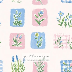 Pode incluir: Um padrão sem costura com ilustrações florais em quadrados rosa e azul sobre um fundo branco. O design inclui várias flores e folhagens, com o texto "patternizm NON-EXCLUSIVE SEAMLESS PATTERN".
