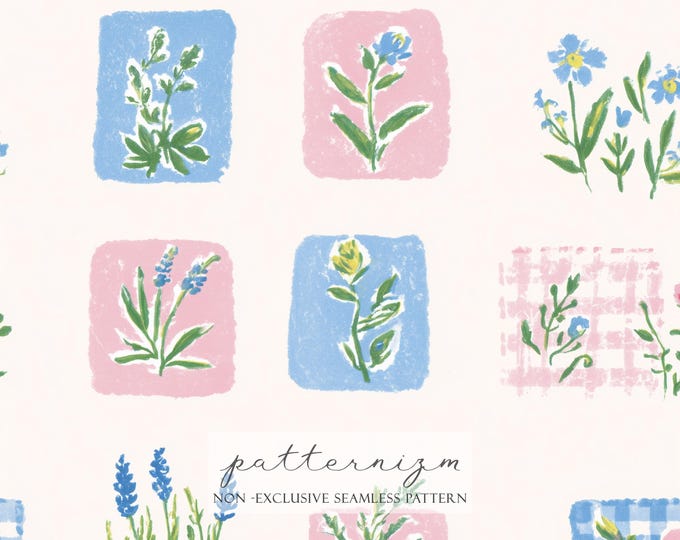 Botanical Seamless Pattern – Pastel Floral Squares and Herbs, Cute Spring Digital Paper