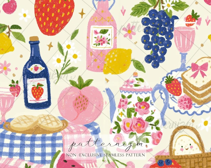 Coquette Picnic Seamless Pattern Digital Download – Strawberry Tea Party Fruit Print for Fabric, Kitchen & Summer Decor