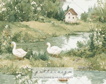 Watercolor Duck Pond Seamless Pattern Digital Download – Cottagecore Farmhouse Waterfowl Fabric Design