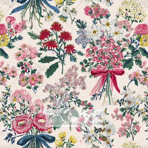May include: A seamless floral pattern featuring bouquets of various flowers in shades of pink, red, yellow, and white, with green foliage. The design includes a pink ribbon and the text "patternizm NON-EXCLUSIVE SEAMLESS PATTERN" on a cream background.