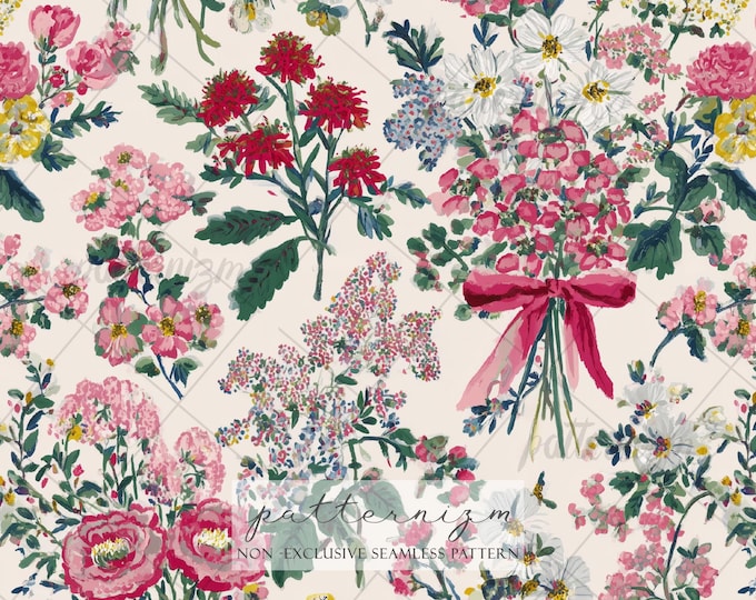 Seamless Mother’s Day Bouquet Pattern – Romantic Vintage Floral with Blue Bows, Wedding & Anniversary Design, Shabby Chic Digital Paper