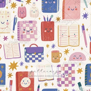 Peut inclure: Un motif répétitif fantaisiste avec des livres souriants, des stylos et un sac à lunch. Le motif comprend des étoiles et le texte "patternizm NON-EXCLUSIVE SEAMLESS PATTERN" sur fond blanc.