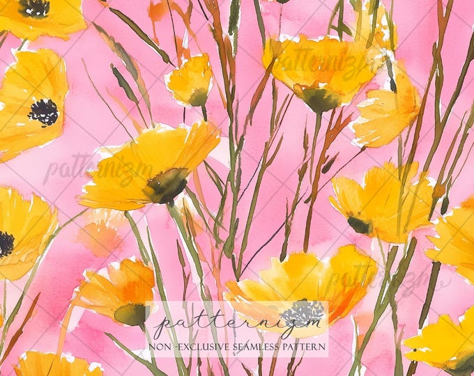 Seamless Yellow Floral Pattern Digital Download – Bright Wildflower on Pink Background, Spring Summer Botanical Fabric