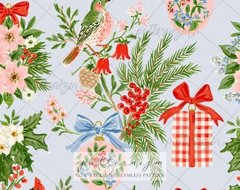 Christmas Seamless Pattern Digital Download, Red Cardinal Bird Floral Ornaments Pink Coquette Holiday Design