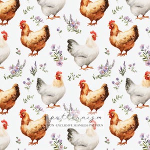 Peut inclure: Motif sans couture avec des illustrations à l'aquarelle de poulets bruns et blancs, parsemés d'accents floraux violets sur fond blanc. Le texte "patternizm" et "NON - EXCLUSIVE SEAMLESS PATTERN" sont visibles.