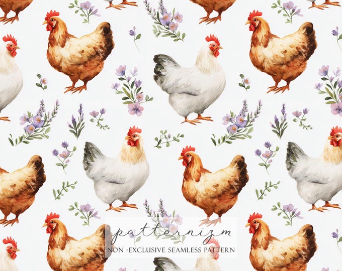 Watercolor Chicken Floral Pattern – Seamless Farm Hen Print with Lavender Flowers for Farmhouse Decor, Baby Room & Kitchen Fabrics