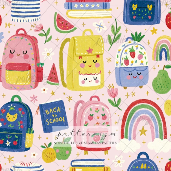 Seamless Back to School Pattern Digital Download – Cute Backpack & Rainbow Design, Kids School Supplies Print, Whimsical Fabric