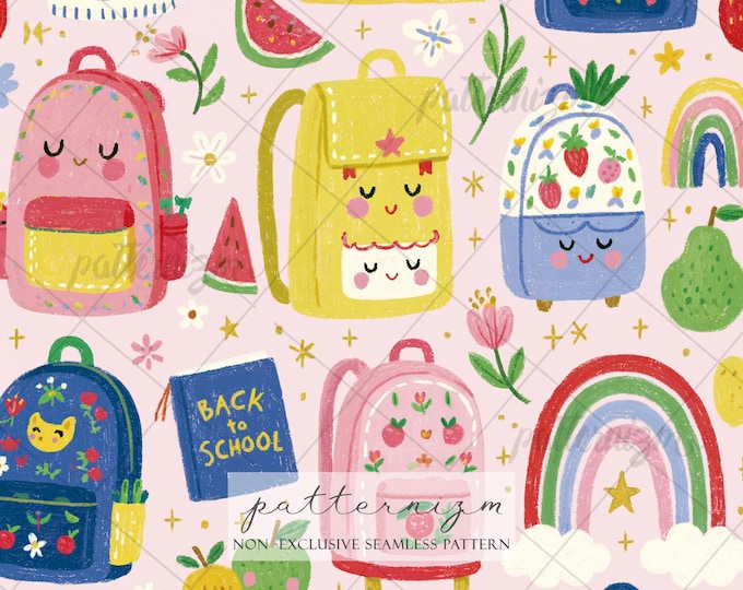 Seamless Back to School Pattern Digital Download – Cute Backpack & Rainbow Design, Kids School Supplies Print, Whimsical Fabric