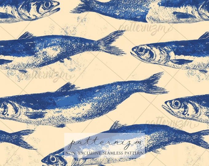 Seamless Vintage Fish Pattern Digital Download – Coastal Sardine Illustration, Nautical Kitchen Fabric Print