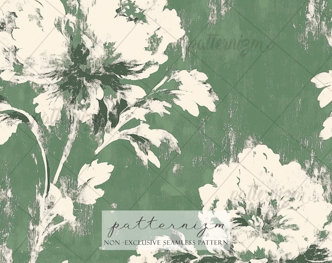 Vintage Green Floral Seamless Pattern Digital Download – Distressed Botanical Design, Classic Wallpaper Style Print, Elegant Fabric