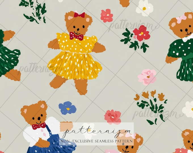 Seamless Baby Shower Teddy Bear Pattern – Cute Bears in Polka Dot Dresses, Vintage Kids Birthday Design, Whimsical Nursery Fabric Print