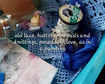 Collectable vintage sewing box, mix of real old items, found during travels and some add ons, made by us