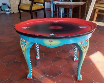 Eat me, drink me, side table. Antique, upcycled, Alice in Wonderland themed. Has been in our family since 1930 OOAK