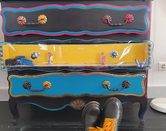 Color burst drawer chest, display cabinet and statement piece. Endorphins and maximalists passion.  OOAK