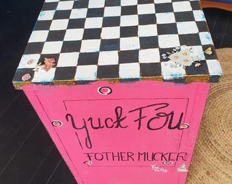 Small side table/library/tea cabinet. Upcycled, daring, whimsical and absolutely unique.