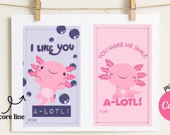 Printable Pink Axolotl Valentine Cards for Kids (Digital Download)