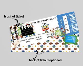 Invitación imprimible de cumpleaños con diseño de Toy Story 5, plantilla digital de boleto de recuerdo, pase temático de la película (anverso y reverso), 2 diseños.