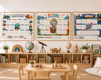 Set Calendario Avventura per Bambini 2026-2027 / In giro per il mondo, Spazio, Mongolfiera (Download digitale)
