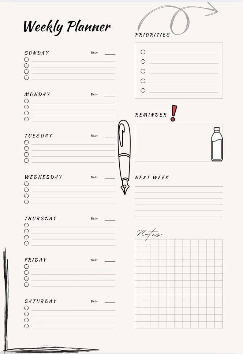 Hand Notes Layout Priorities Weekly Planner Printable | Doodle Weekly Schedule | Hand Drawn ...