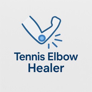 Puede incluir: Gráfico azul y blanco de un codo con líneas radiantes y un círculo azul en la articulación del codo. El texto "Tennis Elbow Healer" está debajo en azul oscuro, fuente sans-serif.