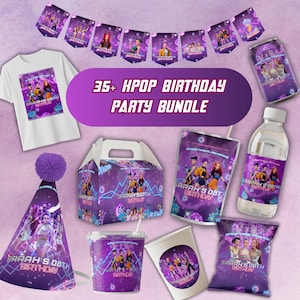 May include: A K-pop themed birthday party bundle with a white t-shirt, party hats, banners, and various party supplies. The items feature a purple and blue color scheme with the text "SARAH'S 08TH BIRTHDAY" and "35+ KPOP BIRTHDAY PARTY BUNDLE".
