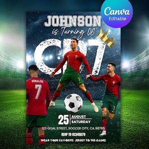 Convite de futebol do Ronaldo, Festa de Futebol "É Hora do Jogo", Convite de Aniversário de Futebol para Qualquer Idade, modelo editável do Canva