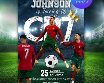 Voetbaluitnodiging Ronaldo, voetbalfeestje It's Game Time, voetbalverjaardagsuitnodiging voor elke leeftijd, bewerkbare canvassjabloon