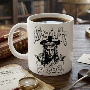 Funny Coffee Mug with Jesus Design, Religious Black Humor Ceramic Cup, Virginity Is Cool