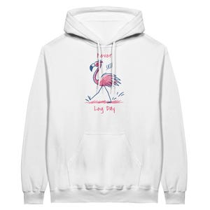 Könnte beinhalten: Weißer Kapuzenpullover mit einer Illustration eines rosa Flamingos und dem Text "Never Skip Leg Day" in Blau und Rosa. Der Flamingo wird beim Gehen dargestellt, das Design ist mittig auf der Vorderseite.