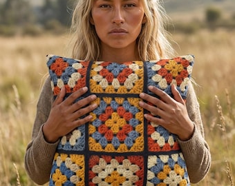 Cojín cuadrado de abuela de ganchillo para exteriores / Cojín bohemio retro de patchwork