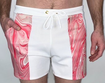 Frankie Four Handmade Vintage Style Men's White and Coral Swim Trunks