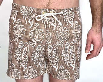 Frankie Four Handmade Vintage Style Men's Tan Paisley Swim Trunks