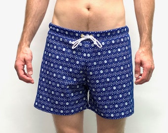 Frankie Four Handmade Vintage Style Men's Navy Blue and White Swim Trunks