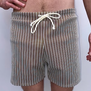 Fayru Handmade Vintage Style Men&#39;s Tan and Stripe Swim Trunks