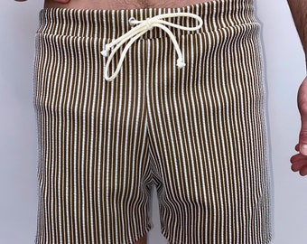 Frankie Four Handmade Vintage Style Men's Tan and Stripe Swim Trunks
