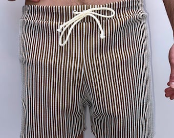 Fayru Handmade Vintage Style Men's Tan and Stripe Swim Trunks