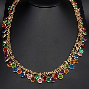 Vintage Open Bezel Rainbow Rhinestone Fringe Necklace Long Gold Tone 46 inch