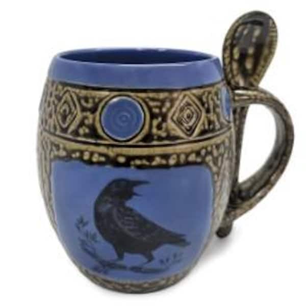 ALWAYS AZUL POTTERY Ceramic Coffee Mug with Spoon –blue crow Design, Microwaveable Ceramic Cups, Polished Clay Mugs for Tea and Coffee