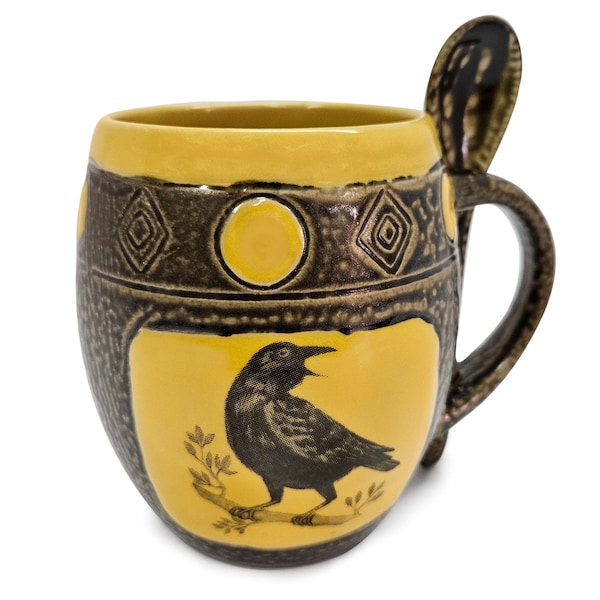 ALWAYS AZUL POTTERY Ceramic Coffee Mug with Spoon – Yellow Crow Design, Microwaveable Ceramic Cups, Polished Clay Mugs for Tea, Coffee
