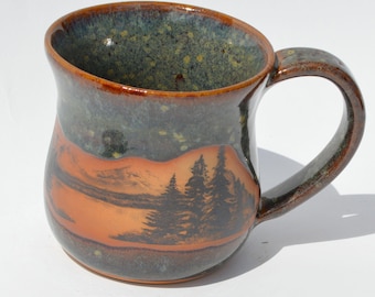 Handmade Ceramic  -  Mountain Scene 14oz Coffee Mug  SEAMIST GLAZE- Oven, Dishwasher, & Microwave Safe Mug -